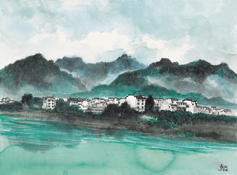 1、吴长江  水彩  徽乡晨早山如黛  76cm×56.5cm_副本.jpg